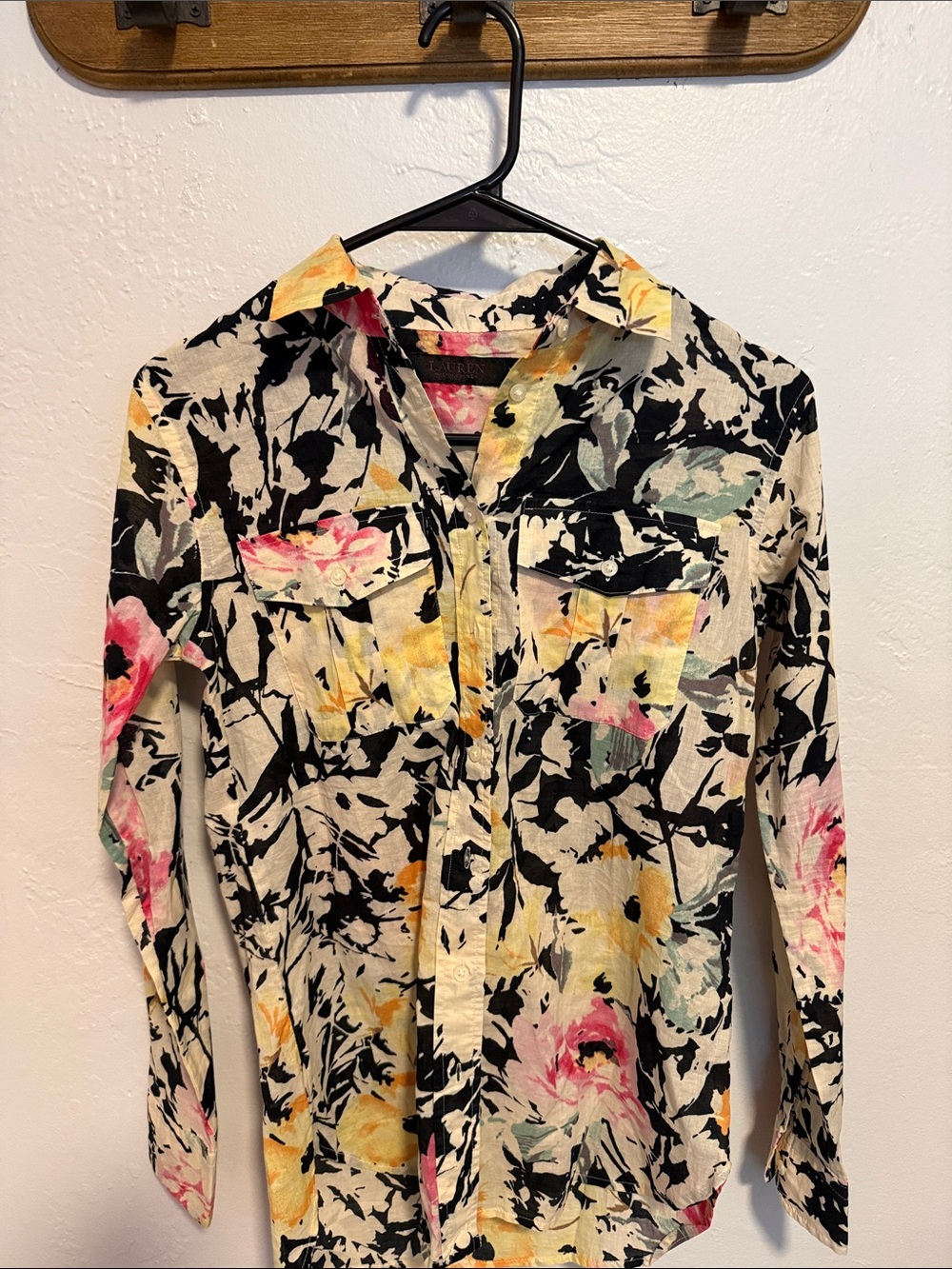 Ralph Lauren Floral Button-Down Shirt in Black, Cream, Pink, Yellow, Green